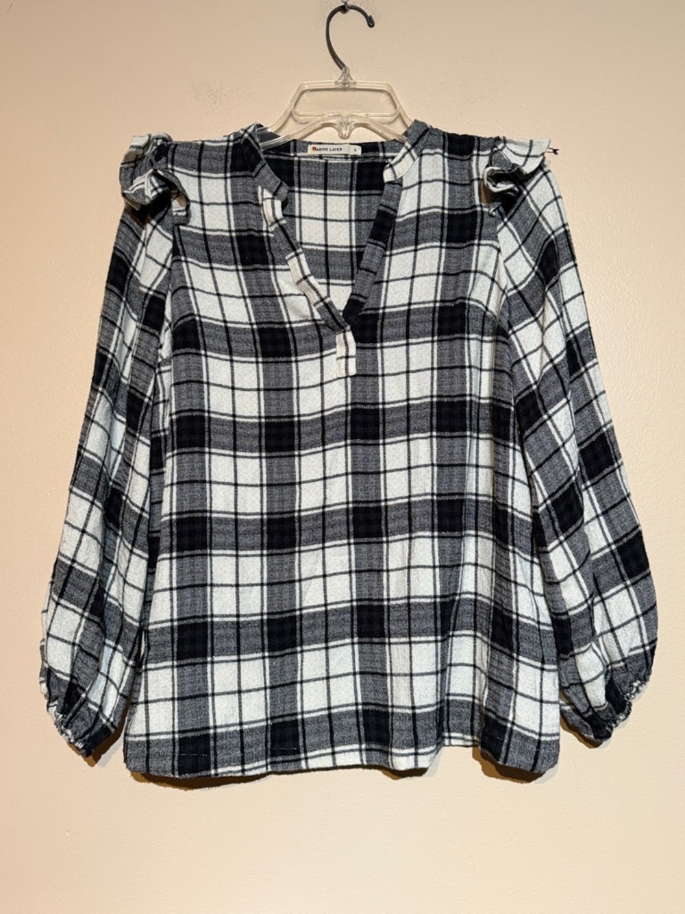 Marine Layer Black & White Plaid Ruffle Shoulder Tunic